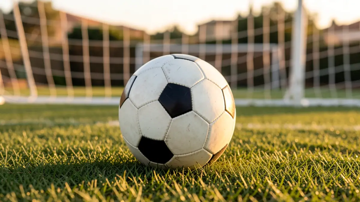 Generic image of a soccer ball on grass with a blurred goal net in the background.