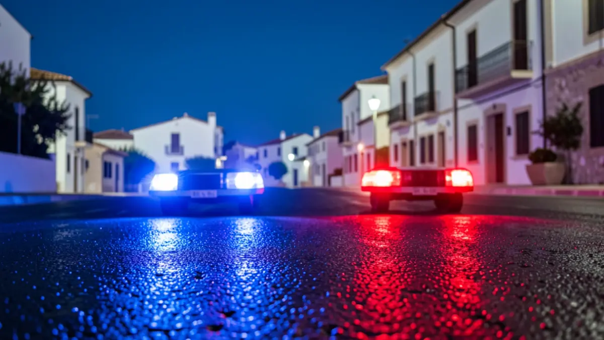 Imagen genérica de luces de emergencia policiales reflejándose en asfalto mojado por la noche.