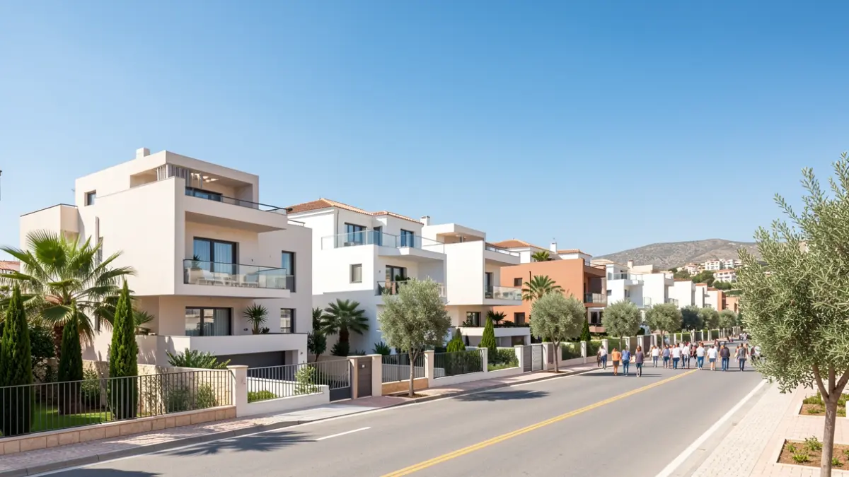 Vista de un barrio residencial renovado con arquitectura moderna y espacios abiertos.
