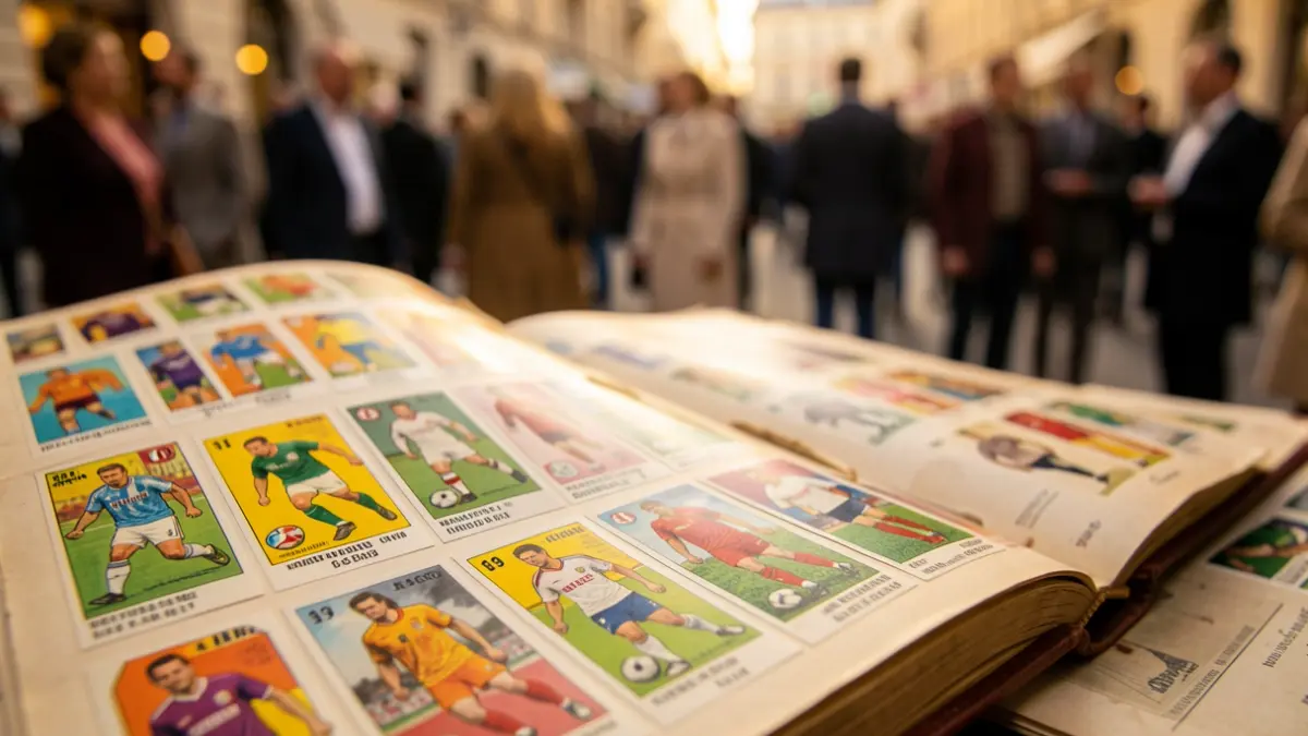 Primer plano de un álbum de cromos de fútbol vintage con tarjetas de jugadores coloridas, algunas tarjetas ligeramente desenfocadas, iluminación ambiental cálida, poca profundidad de campo, evocando nostalgia y la emoción de coleccionar.