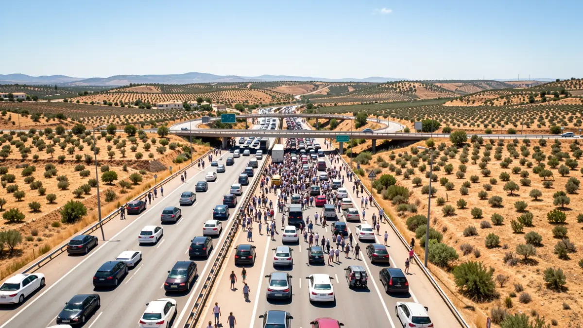 Aerial view of the Tres Caminos junction with summer traffic congestion.