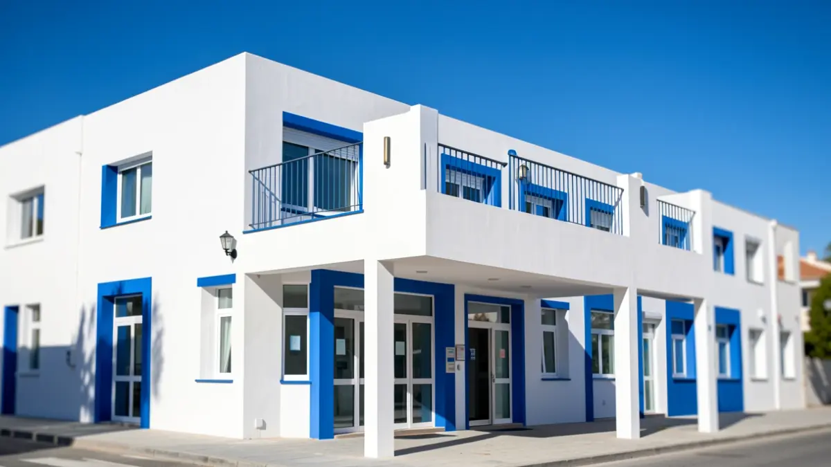 Facade of a modern Andalusian health center with white walls and blue accents, under bright sunlight.