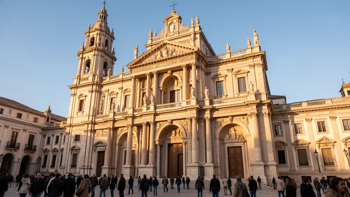Facade of the Málaga Cathedral at sunset.