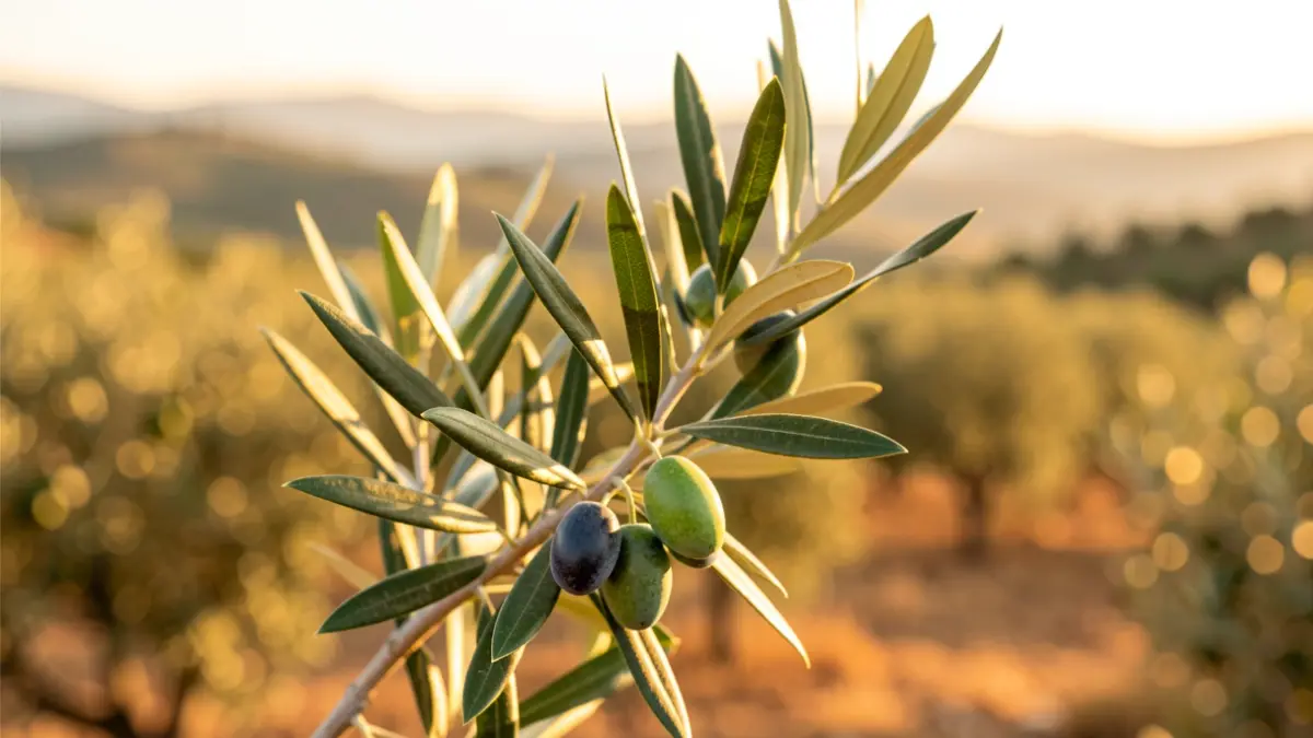 Imagen genérica de una rama de olivo con aceitunas en un entorno mediterráneo.