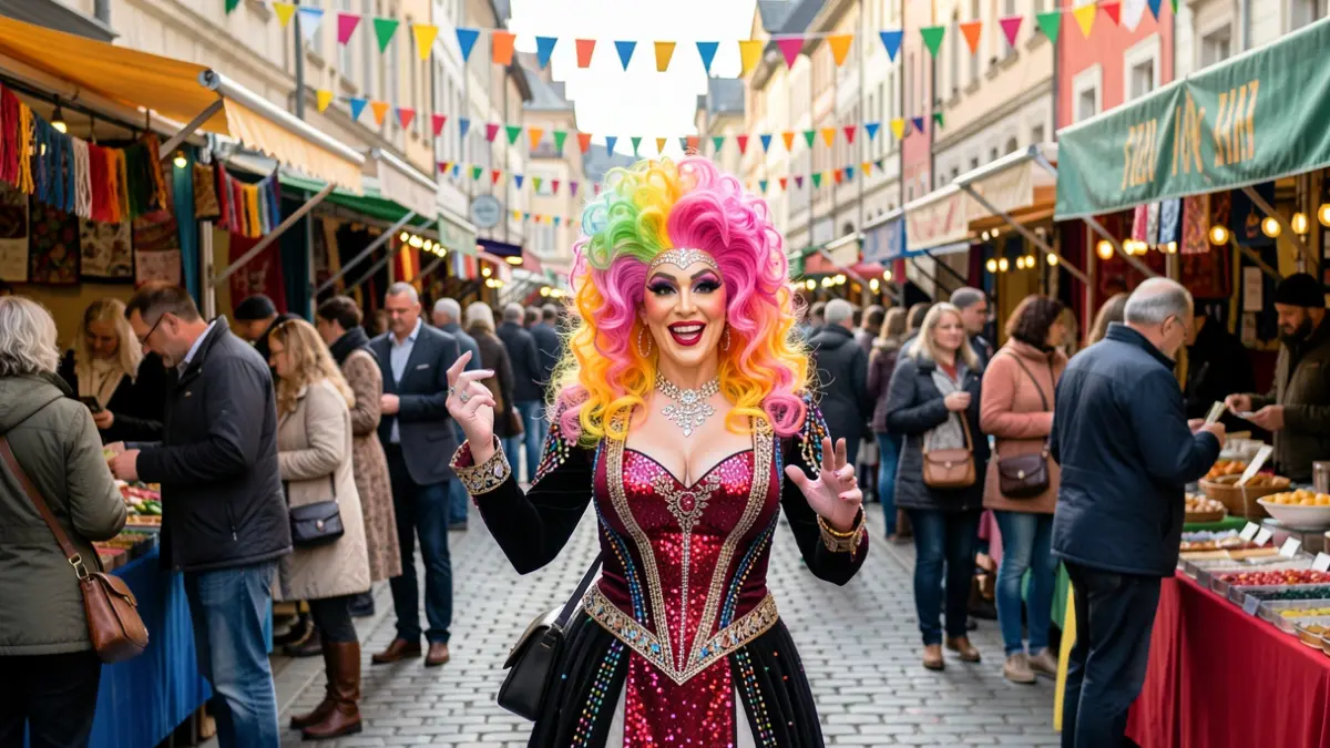 Imagen de una artista drag actuando en un mercado público concurrido, rodeada de puestos y público diverso.