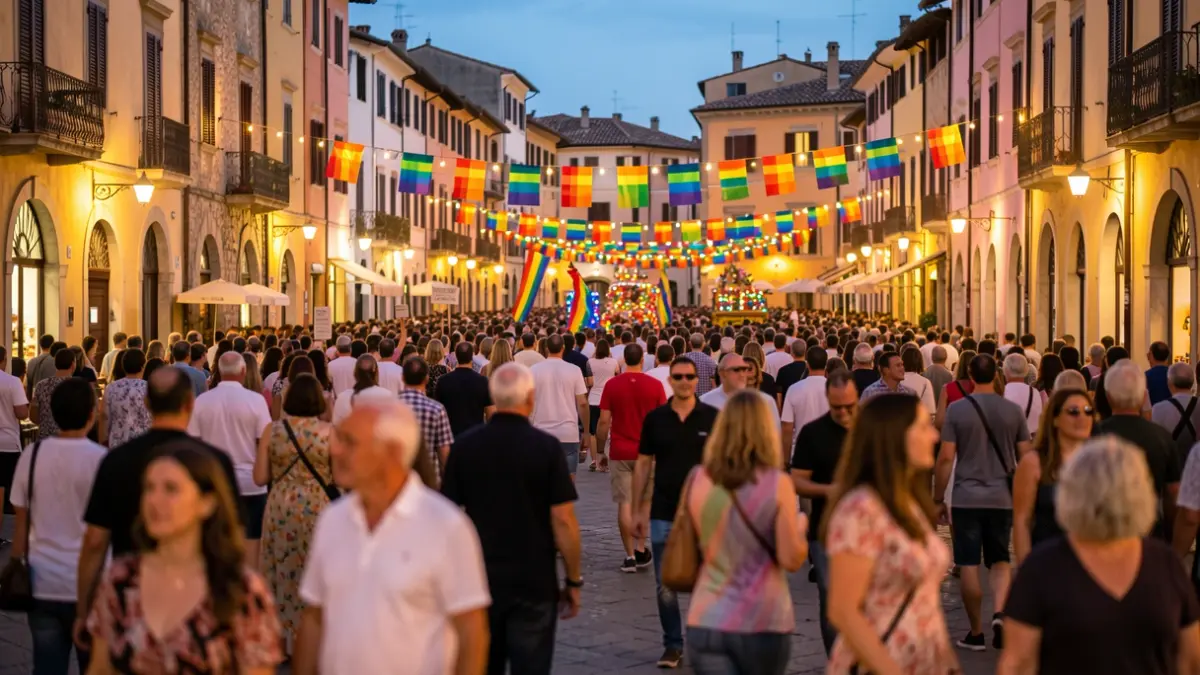 Imagen de una manifestación del Orgullo LGTBIQ+ en Sevilla al atardecer, con ambiente festivo y luces.