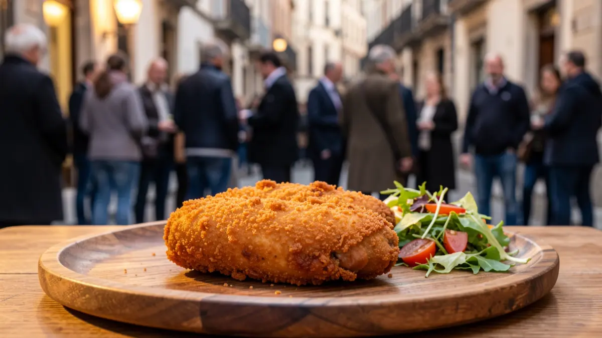 Close-up of a traditional flamenquín served on a wooden plate.