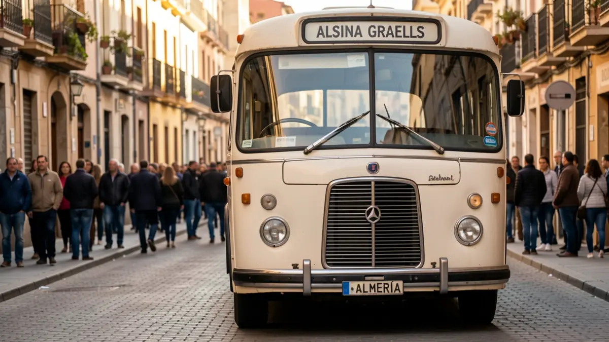 Autobús antiguo de Alsina Graells con matrícula de Almería en una calle de Granada.