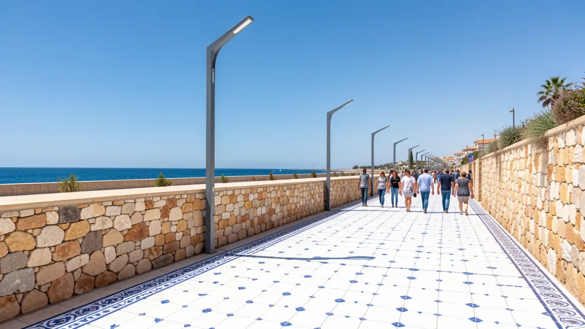 Generic image of the renovated Paseo de Cotobro in Almuñécar, featuring hydraulic tile pavement and new LED lighting.
