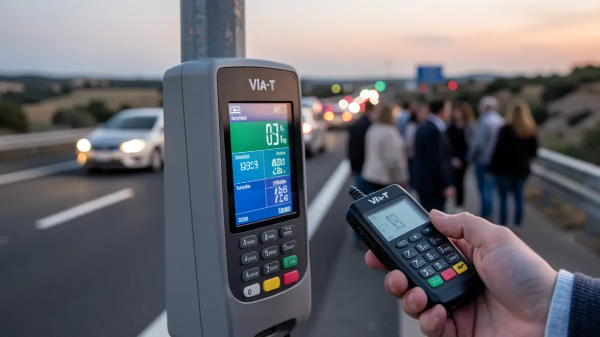 Close-up of an electronic toll payment terminal on a highway with a driver's hand using a Via-T device.