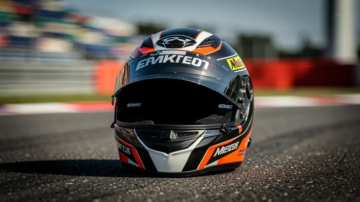 Imagen genérica de un casco de motociclismo en un circuito de carreras.