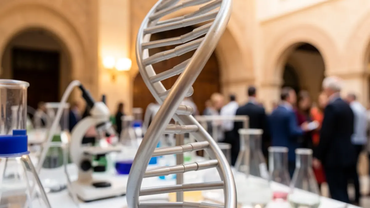 Modelo de hélice de ADN con equipo científico y cristalería de laboratorio desenfocados al fondo, con elementos arquitectónicos andaluces.