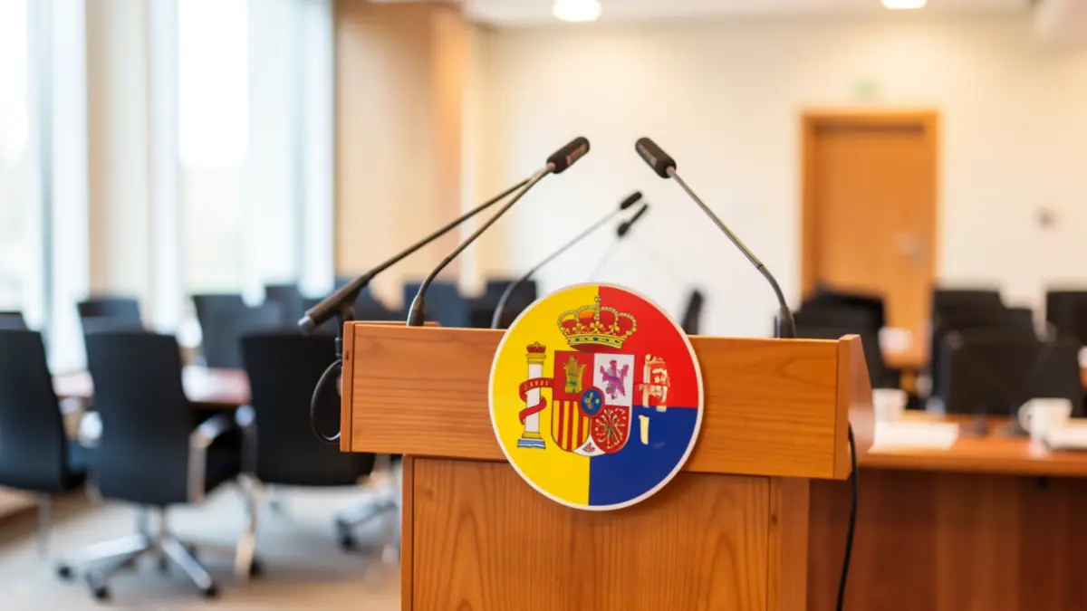 Generic image of a podium with microphones and a political party's emblem.