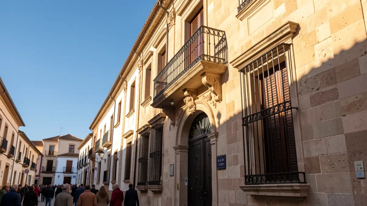 Imagen genérica de la fachada de un ayuntamiento andaluz con balcón y barandillas de hierro, luz de tarde.