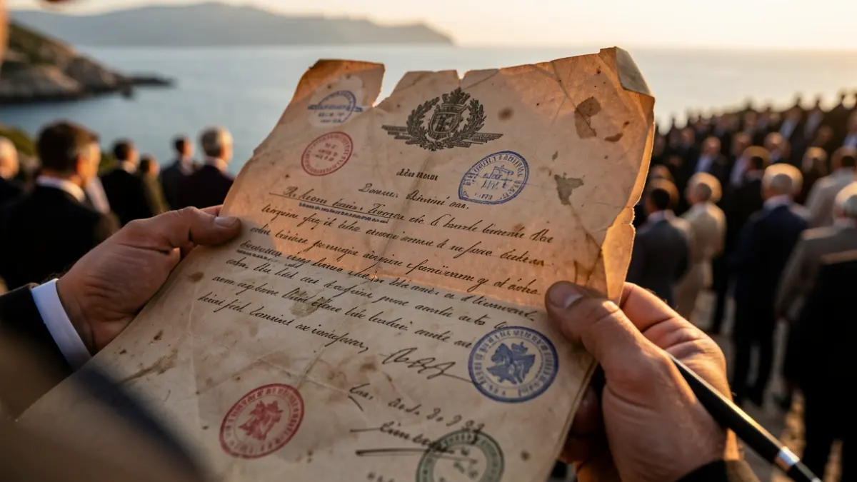 Close-up of a legal document with official stamps and a hand with a pen, with the Huelva coastline blurred in the background.