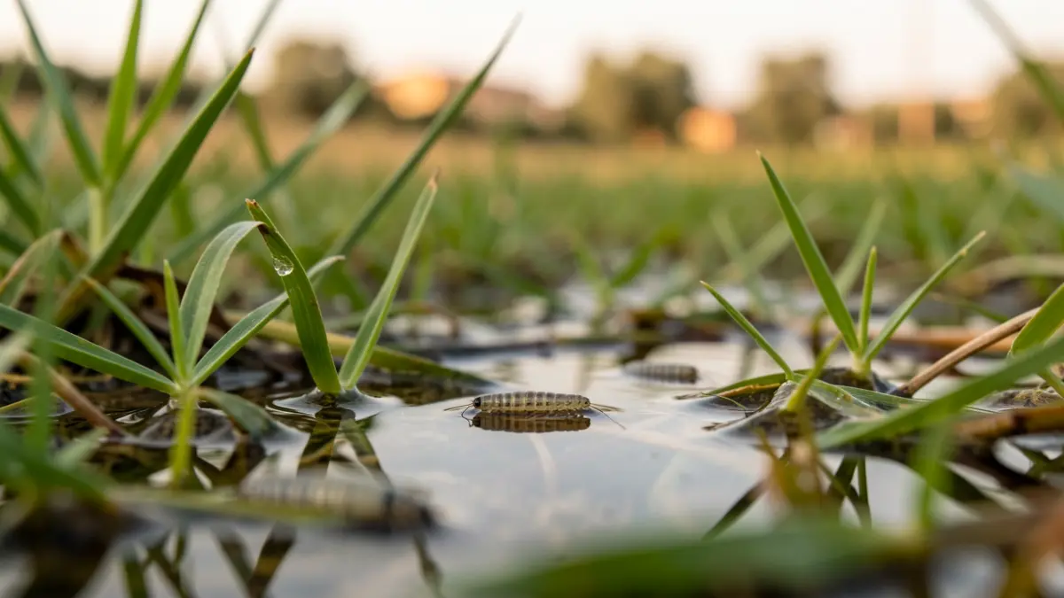 Close-up of mosquito larvae in stagnant water with lush vegetation.