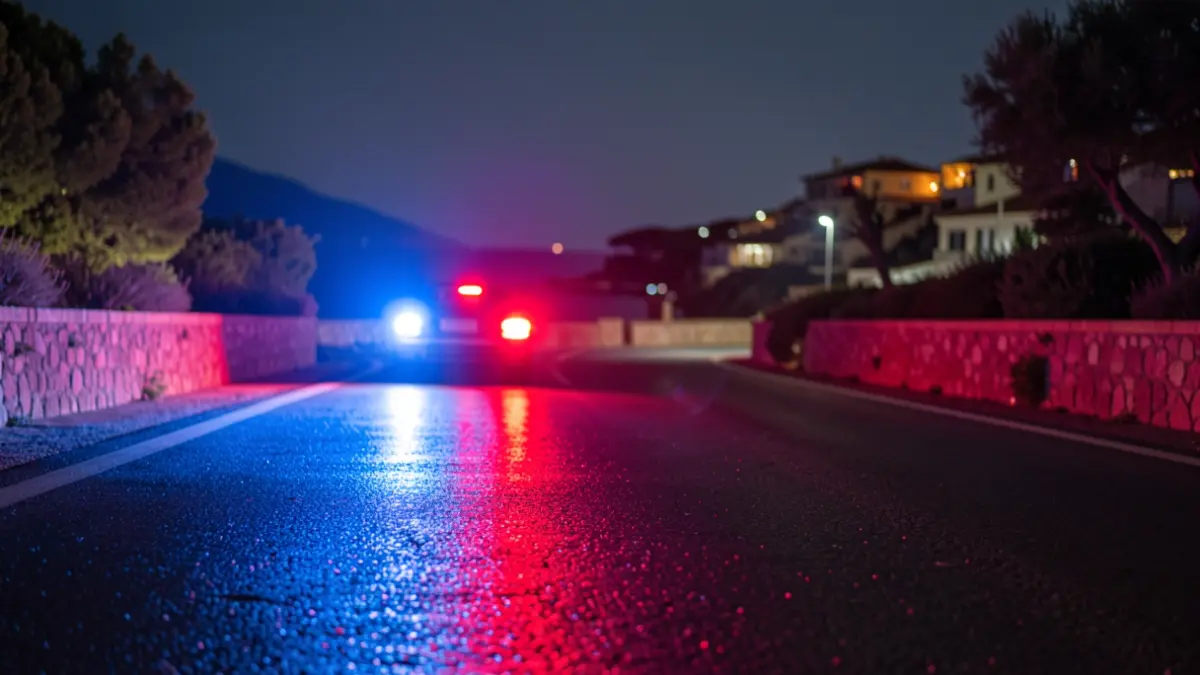 Imagen genérica de luces de emergencia policial reflejadas en el asfalto durante la noche.
