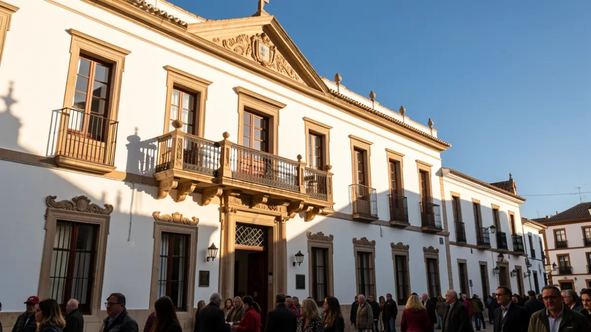 Fachada de un ayuntamiento andaluz con balcón ornamentado y paredes blancas, luz cálida de la tarde.