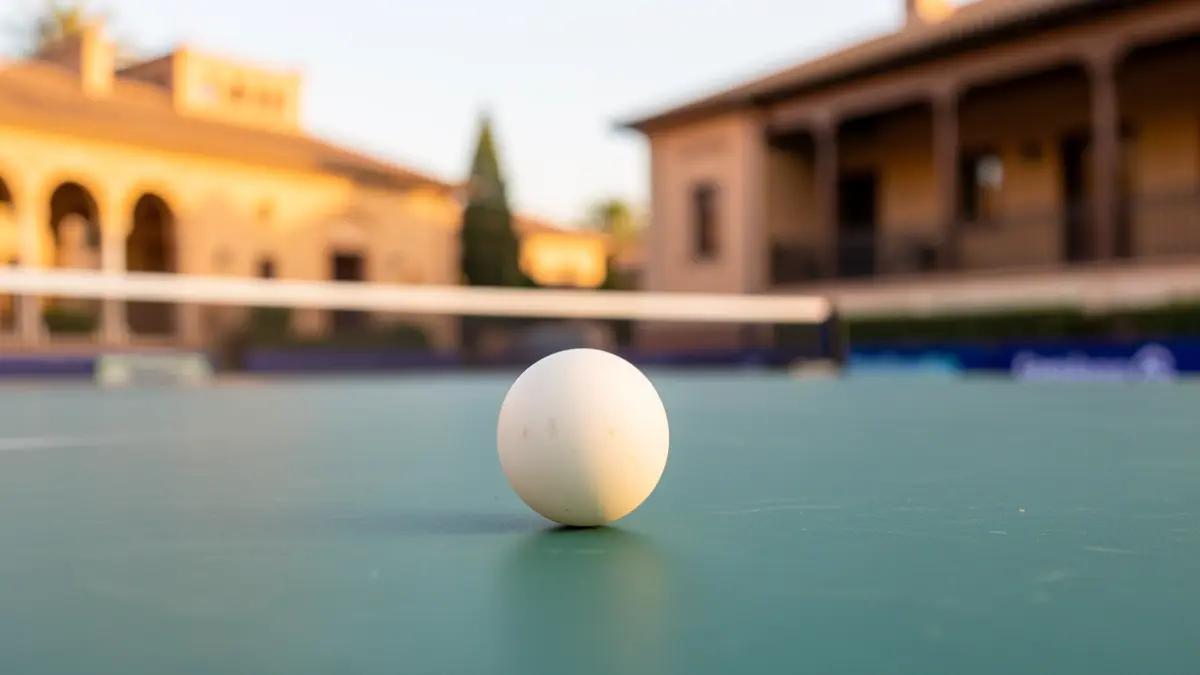 Close-up of a table tennis ball on a ping-pong table, with a blurred background of a sports facility in Andalusia.