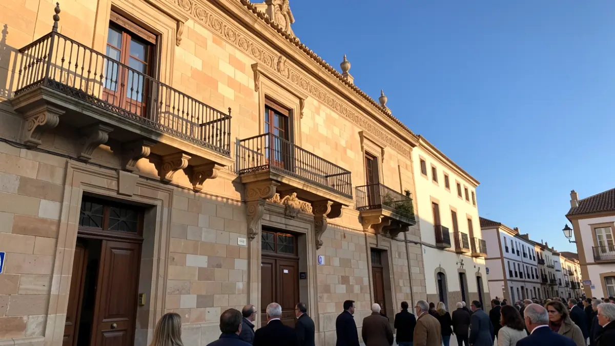 Andalusian town hall facade with ornate balcony and iron railings, warm afternoon sunlight casting shadows on sandstone walls, blue sky.