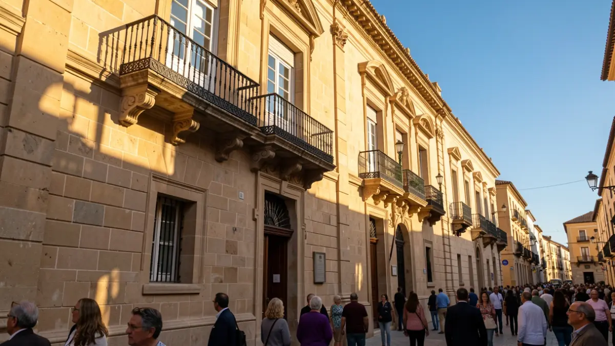 Fachada de un ayuntamiento andaluz con balcón y barandillas de hierro, luz cálida de la tarde.