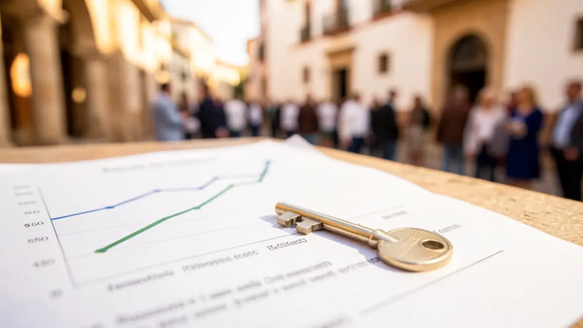 Imagen genérica de una llave de vivienda sobre un gráfico de precios inmobiliarios en Andalucía.