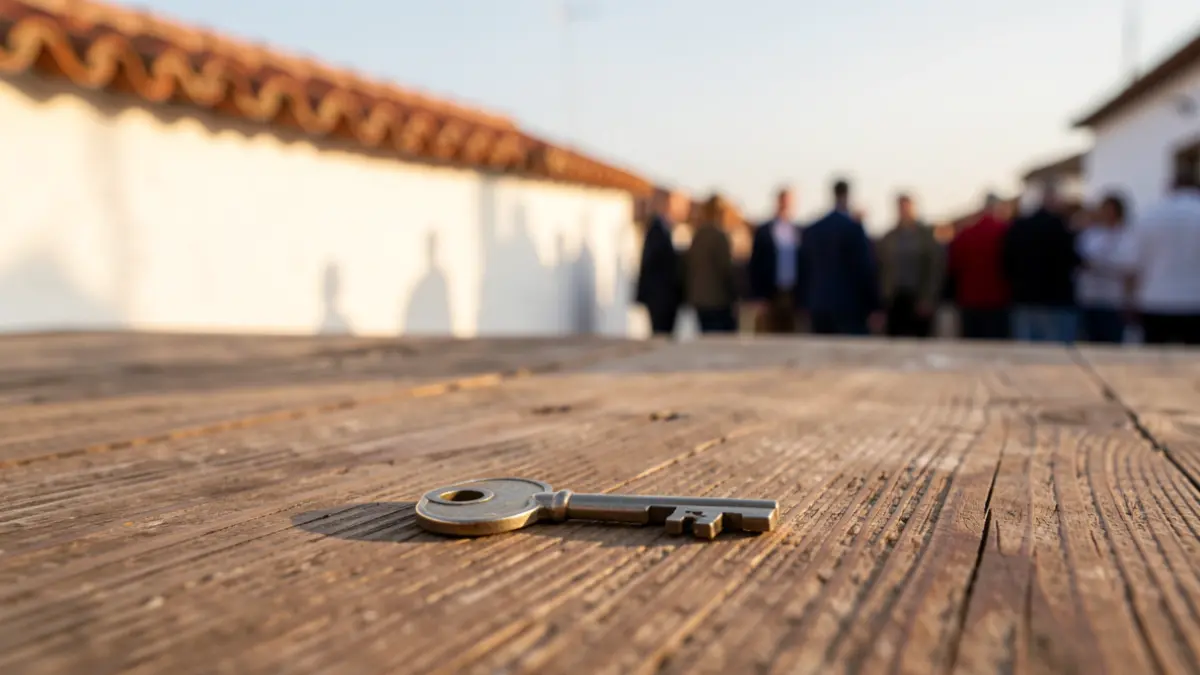 Llave de una casa española sobre una mesa de madera, con el fondo desenfocado de una pared encalada andaluza y una teja.
