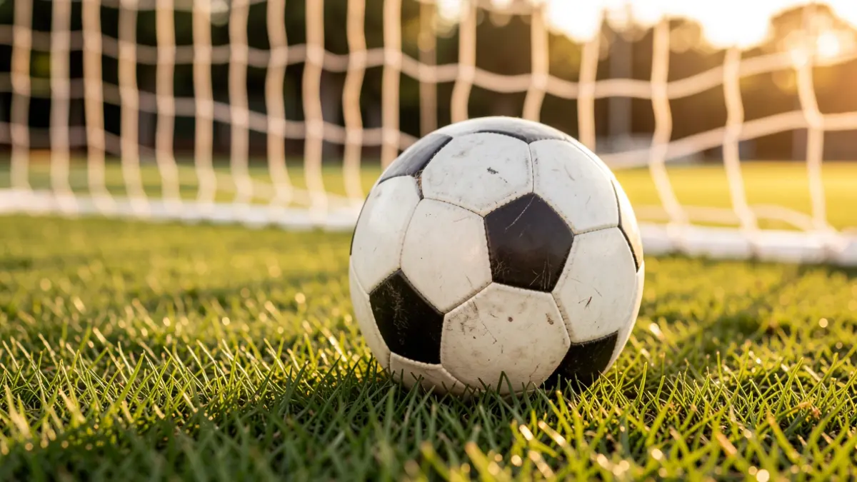 Generic image of a football on grass with the goal blurred in the background.