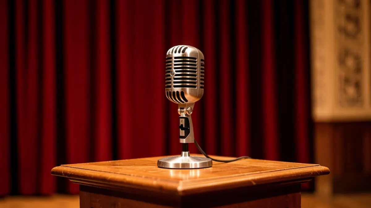 Close-up of a vintage microphone on a wooden podium with blurred theatre curtains in the background.