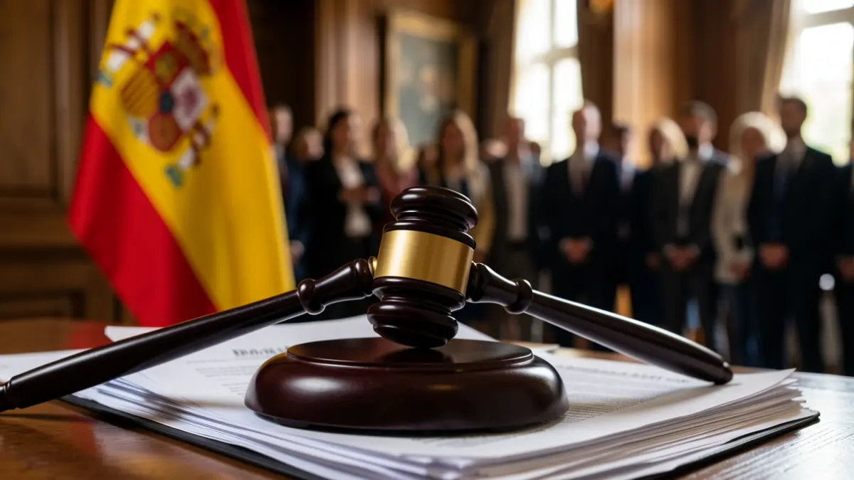 Imagen genérica de un mazo de juez sobre documentos legales con una bandera española desenfocada.