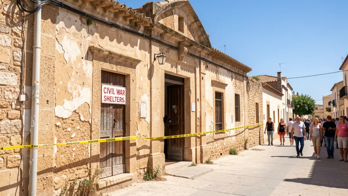 Entrance to the Civil War Shelters in Almería, closed to the public and with caution tape.