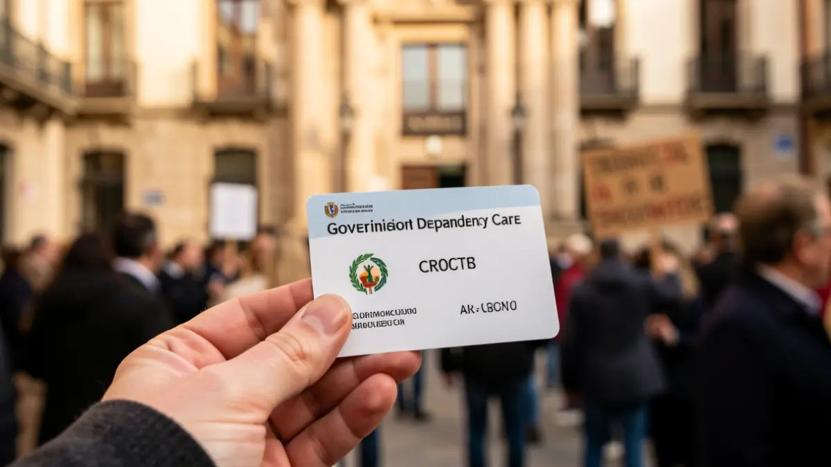 Primer plano de una mano sosteniendo una tarjeta de dependencia, con el fondo difuminado de la fachada de un ayuntamiento andaluz y una sutil señal de protesta.