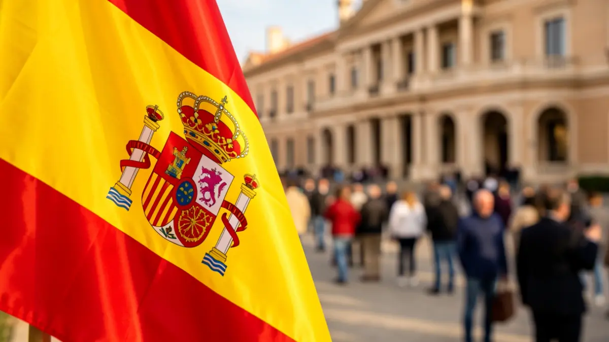 Flag of Andalusia waving with the Andalusian Parliament out of focus in the background.