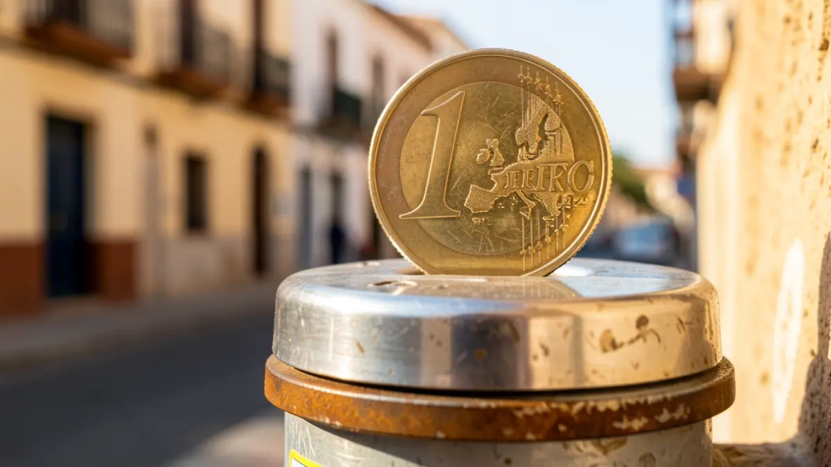 Primer plano de un contador de agua con una moneda de euro encima, reflejando la luz del sol de Andalucía.
