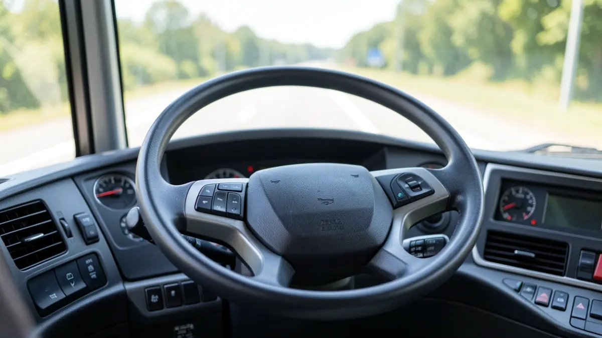 Close-up of a bus steering wheel and dashboard, with the blurred road ahead visible through the windshield.