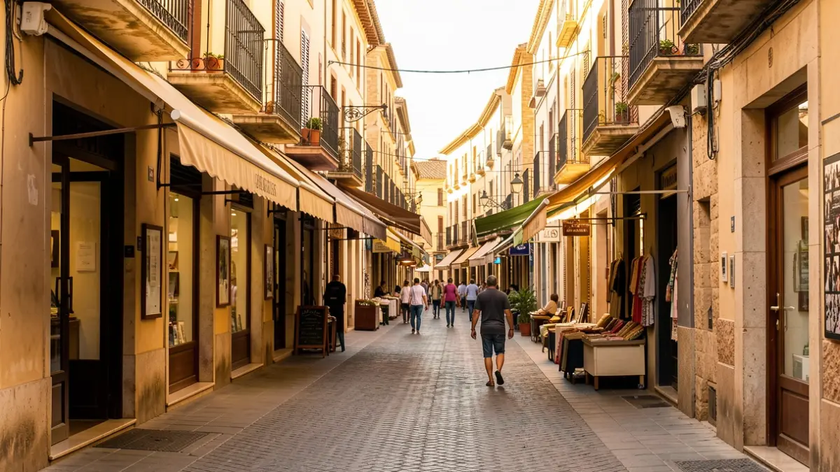 Generic image of a commercial street in Granada with awnings providing shade.