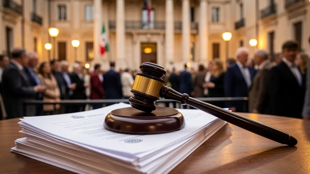 Generic image of a judge's gavel on documents, with an institutional building in the background.
