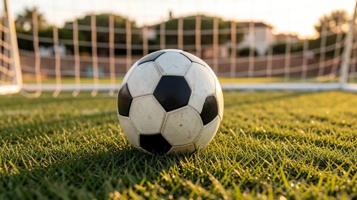 Generic image of a soccer ball on grass with the goal net blurred.