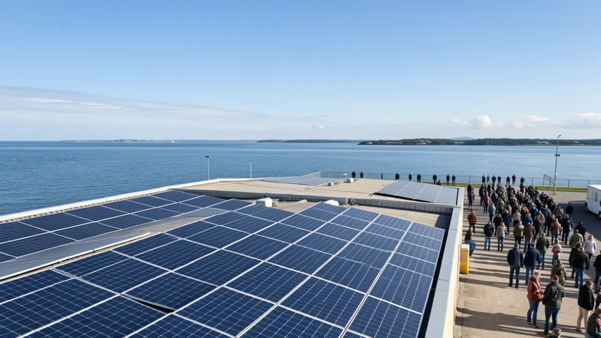 Paneles solares instalados en las cubiertas de naves industriales junto al mar.