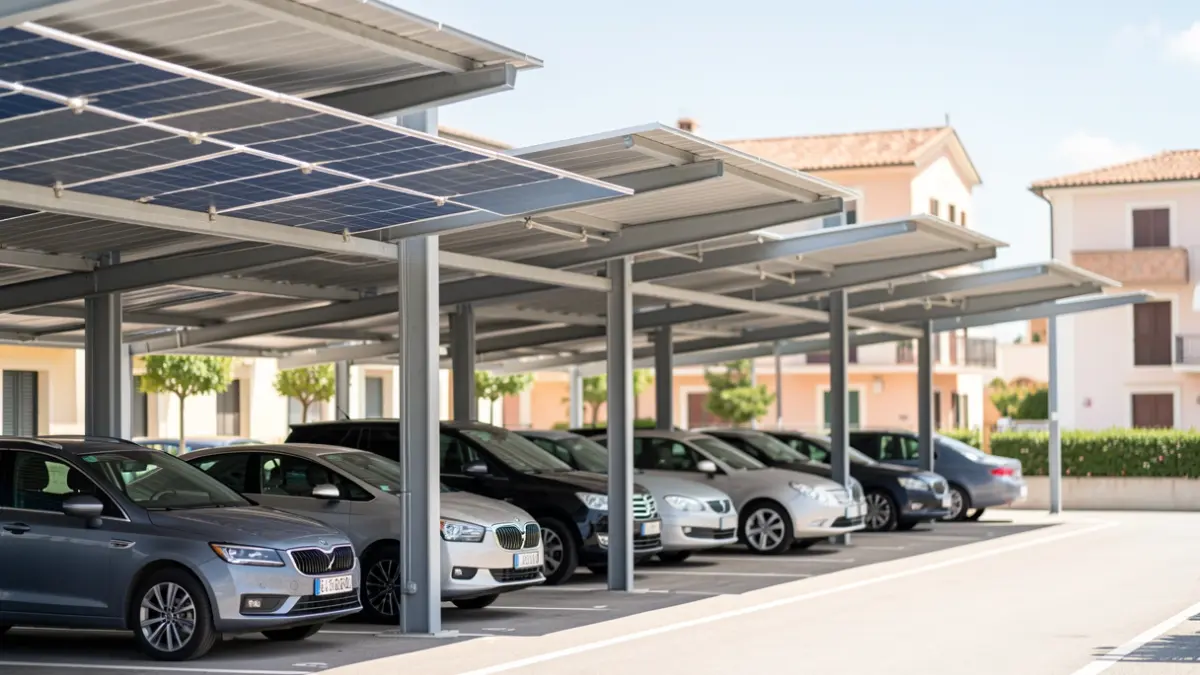 Imagen genérica de paneles solares cubriendo un aparcamiento, proporcionando sombra.