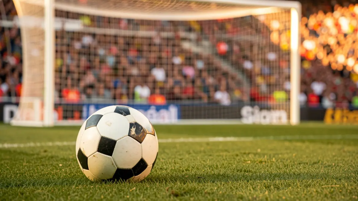 Imagen genérica de un balón de fútbol sobre césped con la portería desenfocada.