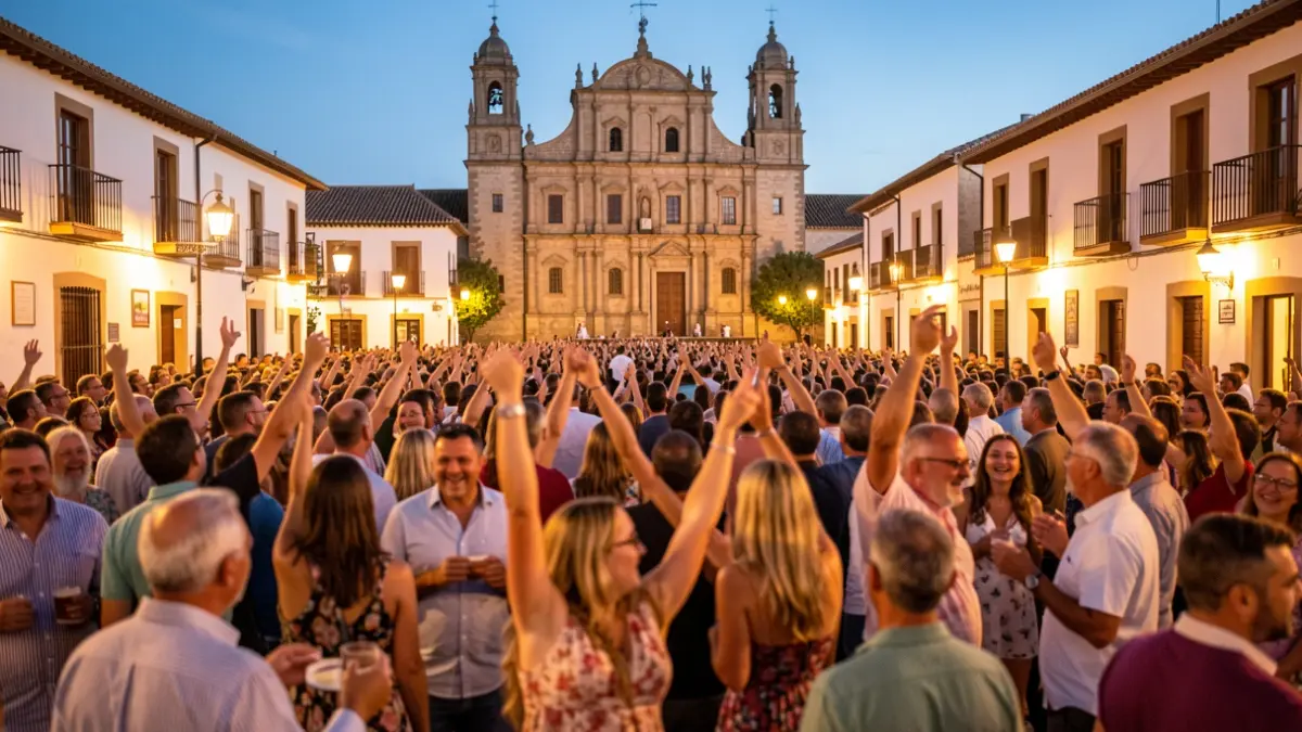 Generic image of a Spanish town square at dusk, with people celebrating and the town hall in the background.