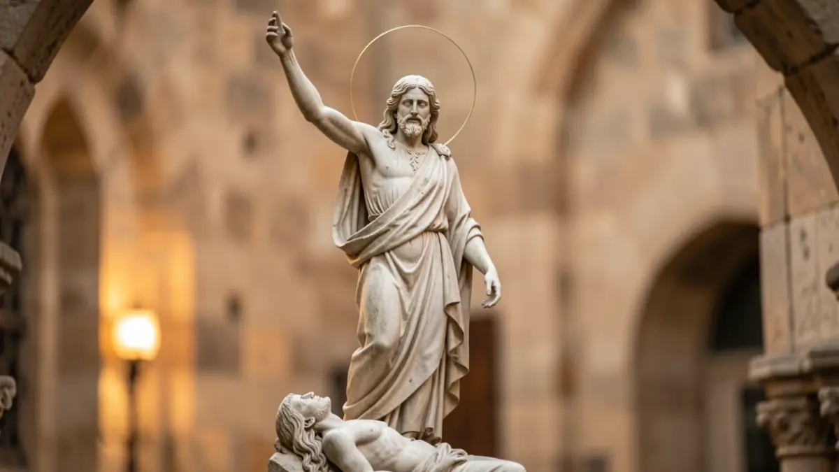 Image of a religious sculpture depicting a triumphant figure rising from death, with a subtle halo and ancient architecture in the background.