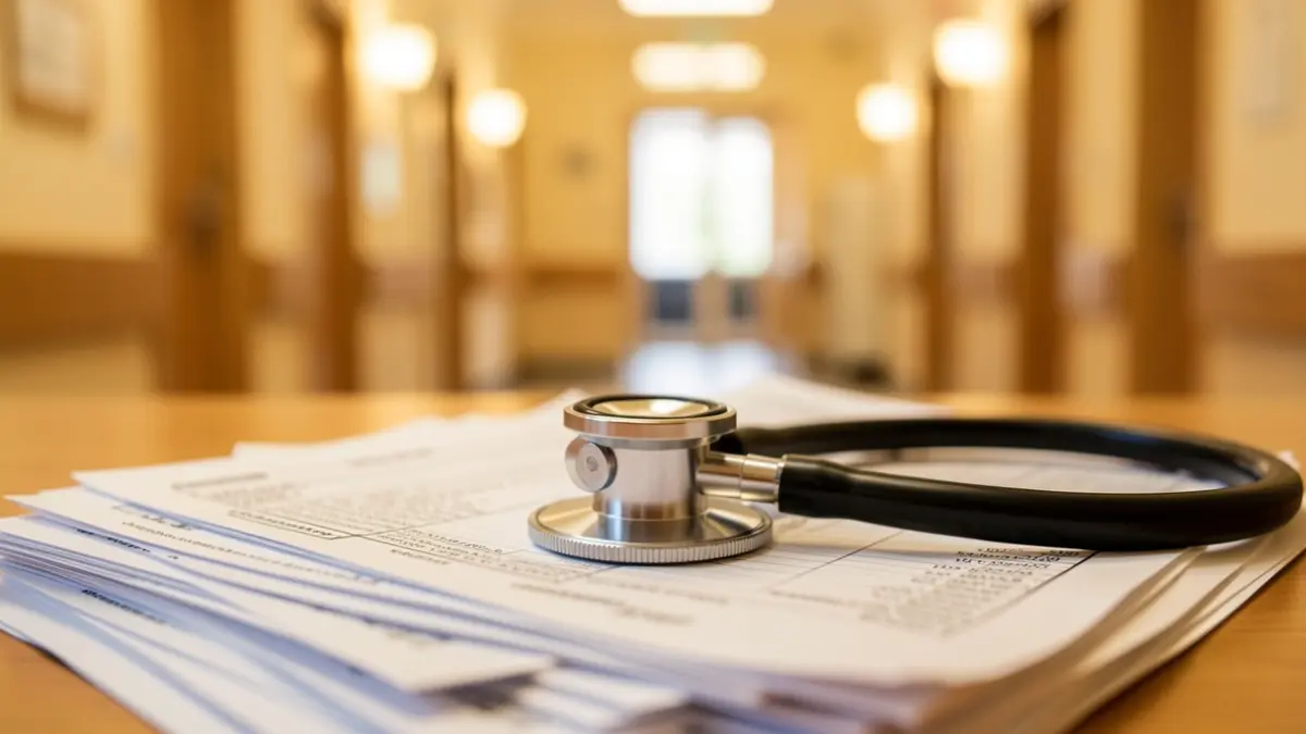 Generic image of a stethoscope on medical forms in a hospital.