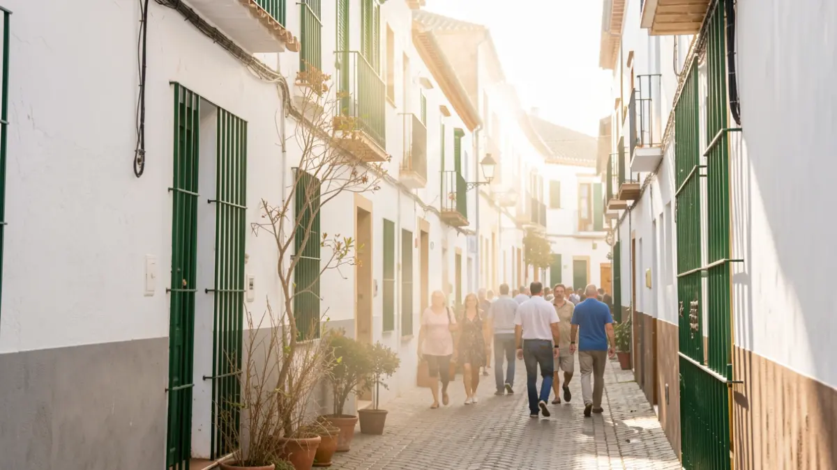 Streets of Seville with white buildings and sparse vegetation, reflecting extreme heat.