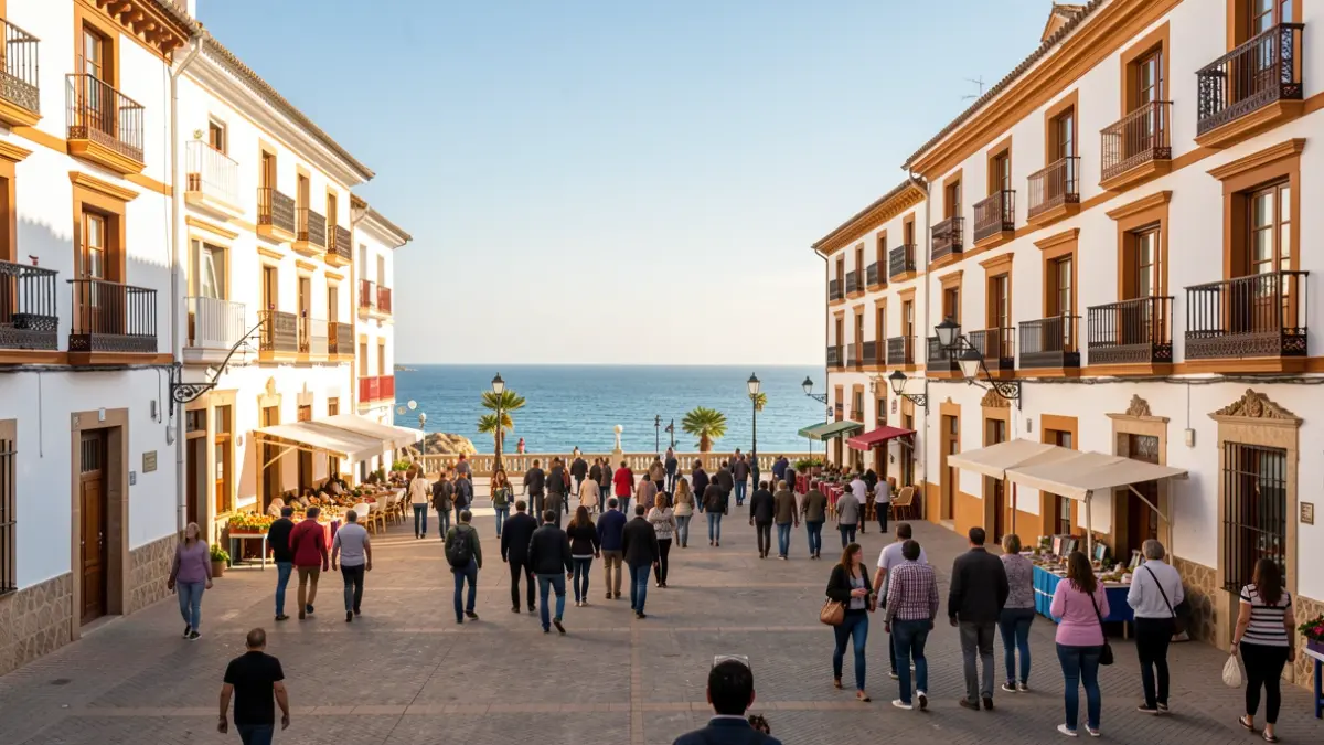 Generic image of a coastal Andalusian square with white buildings and the sea in the background.