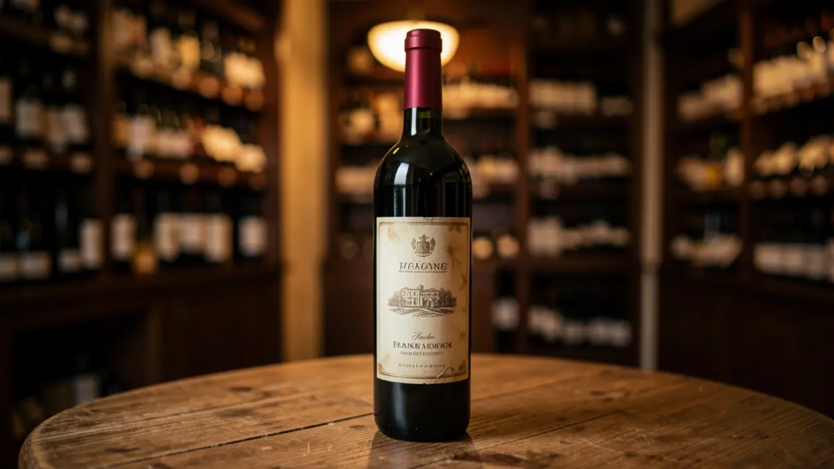 Close-up of a wine bottle in a gourmet shop.