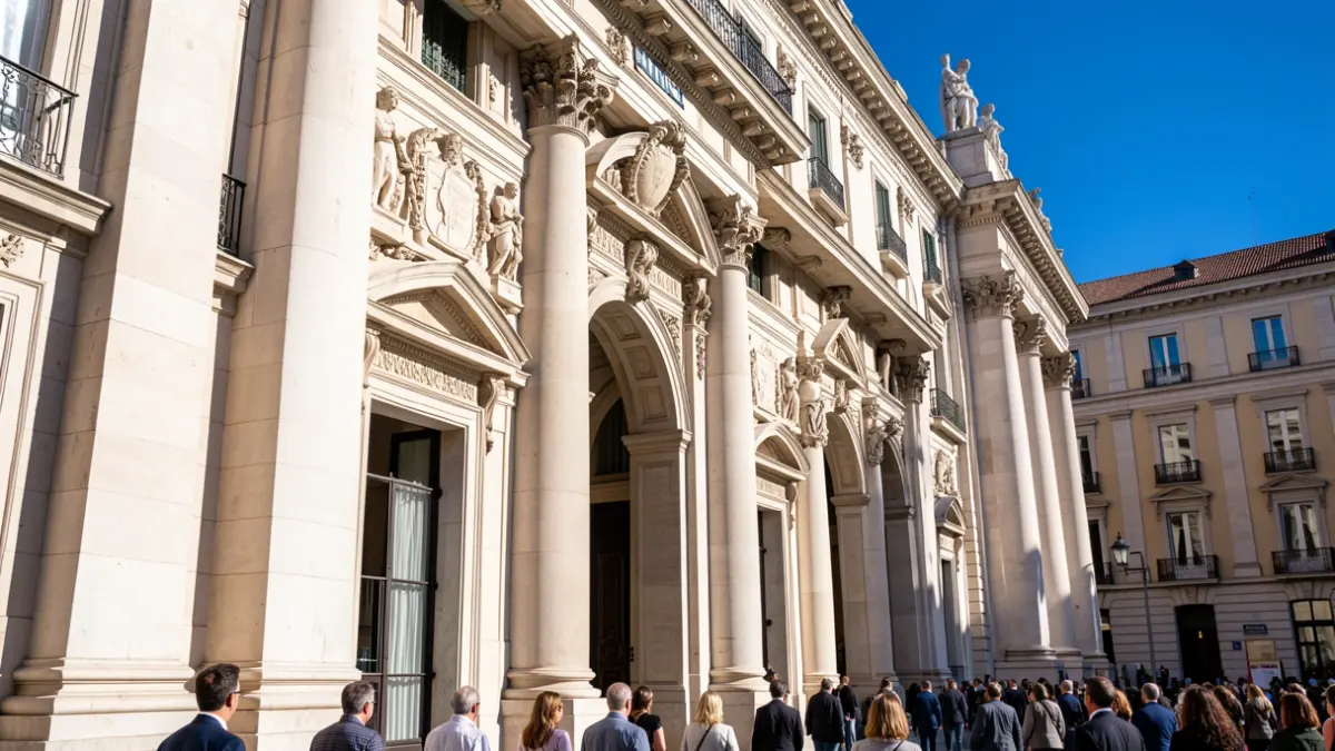 Fachada del Tribunal Supremo español con arquitectura ornamentada, sol brillante de mediodía y cielo azul.