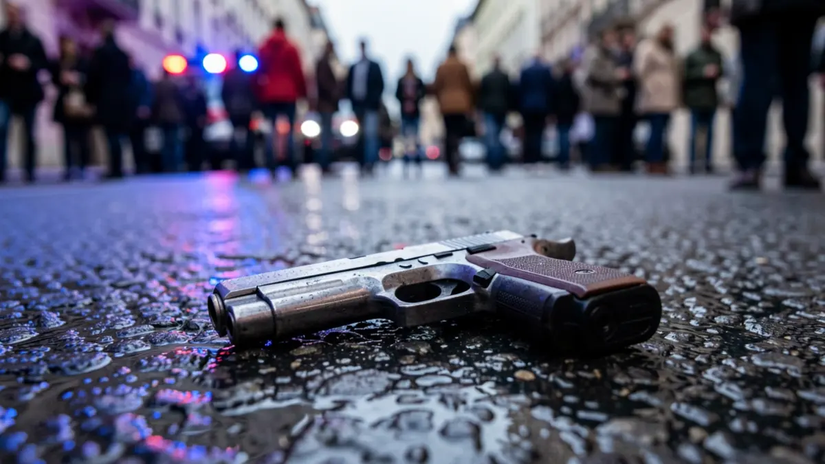 Close-up of a handgun on wet asphalt with emergency lights, no people or vehicles visible.