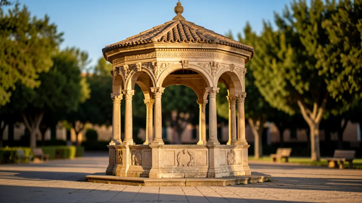Templete de la Música en el Paseo del Salón de Granada con detalles arquitectónicos y luz de tarde.
